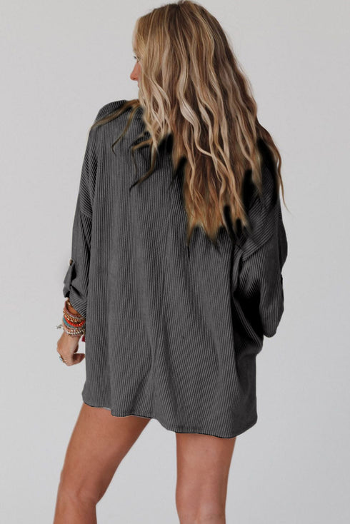 Ribbed Roll-tab Sleeve Chest Pocket Oversize Top